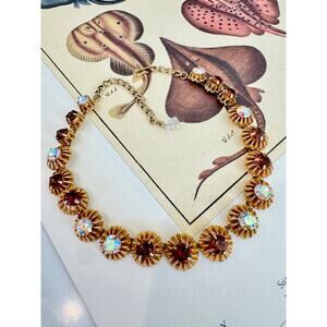 Vintage 1950s Gold-Tone Rhinestone Aurora Borealis Brown Clear Collar Necklace
